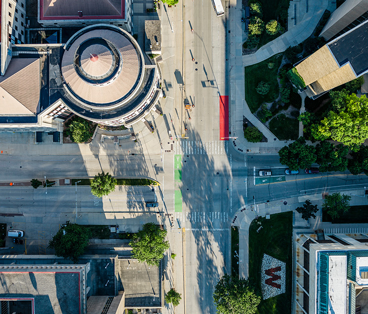 Aerial image of the intersection of University Avenue and Park Street on the UWAerial image of the intersection of University Avenue and Park Street on the UW–Madison campus