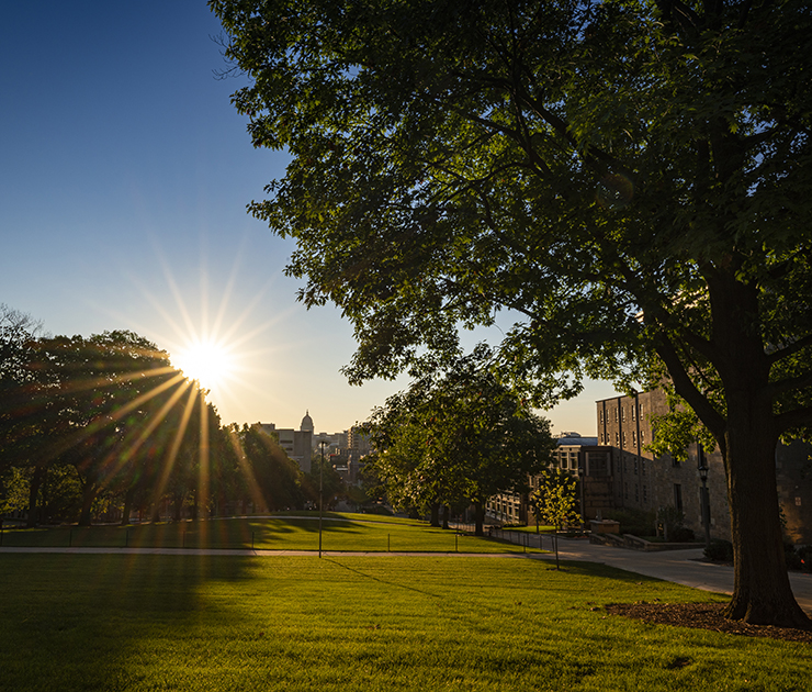 Image from top of Bascom Hill, with Library Mall and the Wisconsin State Capitol building in the distance.